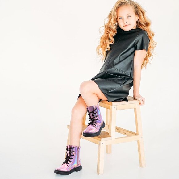 🆕Girls Pink Rubber Ankle Side Zipper Lace Up Stylish Comfort Glitter Boots - Picture 3 of 7